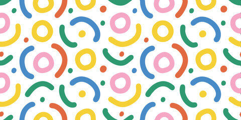 Joyful Geometry: A vibrant and playful pattern dances across the canvas, using whimsical shapes in a spectrum of bright colors. it's a celebration of fun.