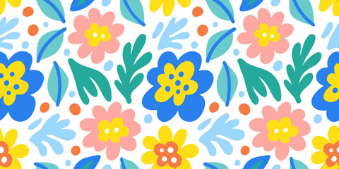 Floral Bliss Pattern: A cheerful and vibrant seamless pattern featuring stylized flowers in pink, yellow, and blue hues, interspersed with green leaves and orange dots.