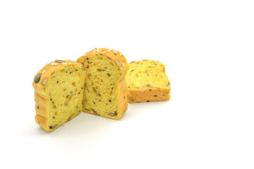 Sliced Pumpkin Bread with Mixed Grains on White Background
