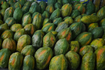Papaya fruit (Carica papaya) neatly arranged in a fruit stall. The fruit, which is thought to originate from Mexico, South America, is now growing well and spreading to other tropical countries.