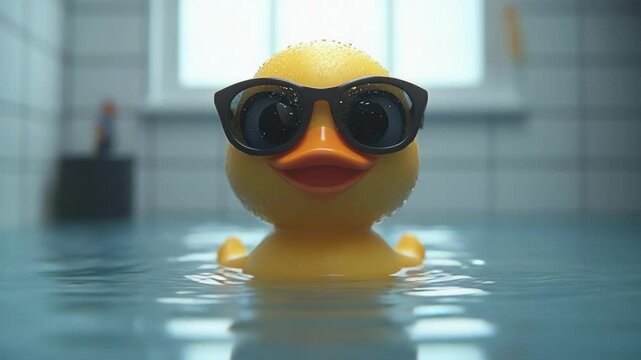 Cute rubber duck with sunglasses in bathtub soaking in water