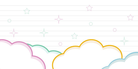 Cute pastel cloud background with colorful stars and lined paper design for children art work or notes