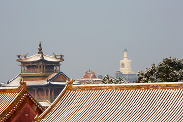 Snowscape of ancient architecture in the Forbidden City, Beijing, China.