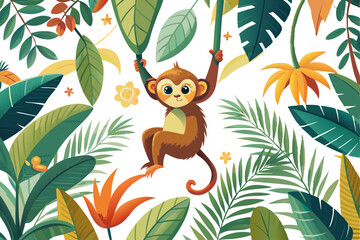 A playful monkey hanging from palm tree branches surrounded by tropical flowers and banana leaves, seamless botanical pattern, white background © Cartoon Maker 2
