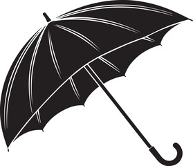 Flat silhouette of an umbrella opened with curved handle in black vector design, simple weather protection icon, isolated minimal graphic symbol in PNG format on white background