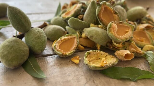 Shelled Almonds and Almond Shells on Rustic Wooden Table, Natural Concept.