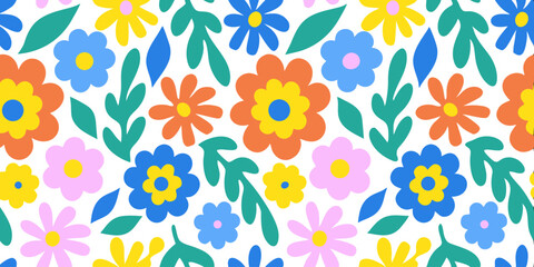 Colorful Floral Delight: A vibrant, repeating floral pattern bursts with life, showcasing a delightful arrangement of blooming flowers and fresh leaves against a clean background.