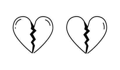 two black filled heart icons, broken heart, love symbol, cracked heart icon, heartbreak, simple flat vector icon