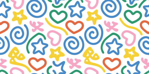 Playful Pattern of Shapes: A cheerful and captivating pattern of colorful shapes, including hearts, stars, and spirals, rendered in a modern, hand-drawn style, bringing a sense of joy and whimsy.