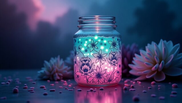 Illuminated Floral Mason Jar Teal Pink Flowers glass jar