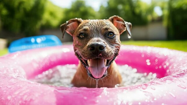 Happy dog enjoying sunny day in pink kiddie pool splashing water outdoors