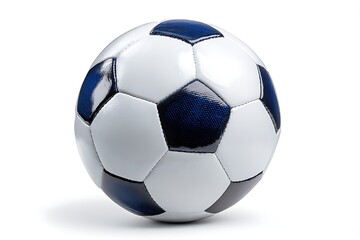 Modern soccer ball with white and blue panels on a white background