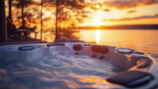 Sunset relaxation in outdoor hot tub by tranquil lake