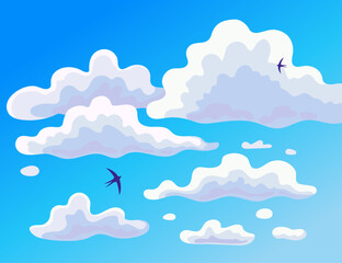Summer bright clouds in the blue sky and flying swallows. Vector illustration.