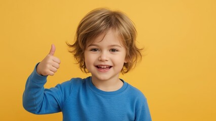Happy child gives thumbs up. Cheerful young kid expressing positivity and approval on a yellow backdrop.