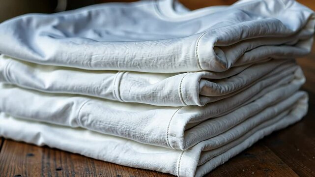 Neatly folded white t-shirts stacked on a wooden surface. Many folded white basic cotton linen presented in rustic interior. Minimalist clothing organization and clean laundry concept.