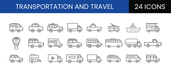 Transportation Icons:  Modern Line Art Set of 24 Vehicles, Minimalist Style, Travel Theme.