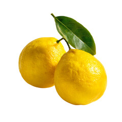 Two bright yellow yuzu fruits and leaves isolated on transparent background