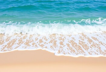 Azure water laps sandy shore, gentle waves break softly,  top down,  nature