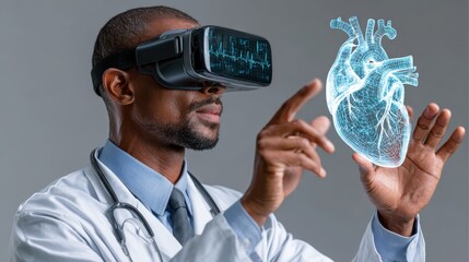 Doctor Using Virtual Reality Headset to Interact with Holographic Heart Model in Medical Training
