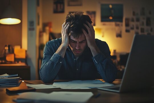 Stressed man working late at night. (4)