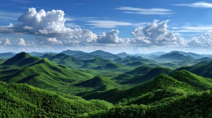 Obraz premium Expansive Green Hills Under a Bright Blue Sky with Fluffy White Clouds in a Natural Landscape