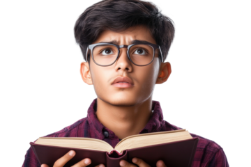 Thoughtful teenager with glasses holding an open book, looking up with curiosity and contemplation against a transparent background for educational themes