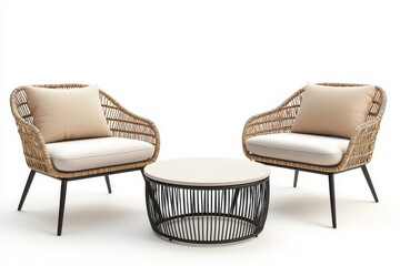 Modern outdoor rattan furniture set with two single chairs featuring black legs and beige cushions, and one round table, front view with natural light and warm tones, detailed product rendering