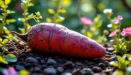 sweet potato, bioluminescent roots, fantasy garden, vibrant lime green, crisp sunlight, side profile, ethereal glow, botanical illustration, high detail, fantasy art, vivid colors, otherworldly