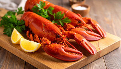 Steamed Red Lobster on Wooden Cutting Board with Parsley and Lemon &ndash; Delicious Seafood Presentation, Gourmet Meal, and Fresh Ingredients Display