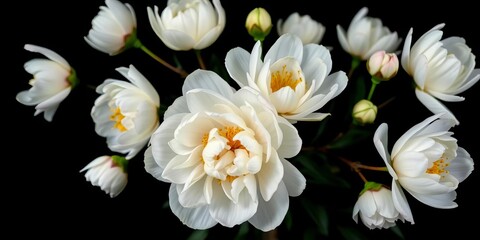 Close-up of pristine white tree peony blossoms against a stark black background, blossom, close-up