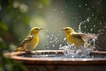 Fototapeta premium funny Birds playing a water splash in nature summer, wildlife animal scene in motion of freedom moment on water basin sink