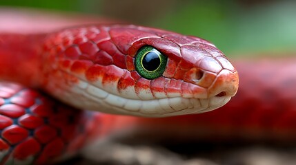 緑の瞳を輝かせる鮮紅のヘビの迫力あるクローズアップ
