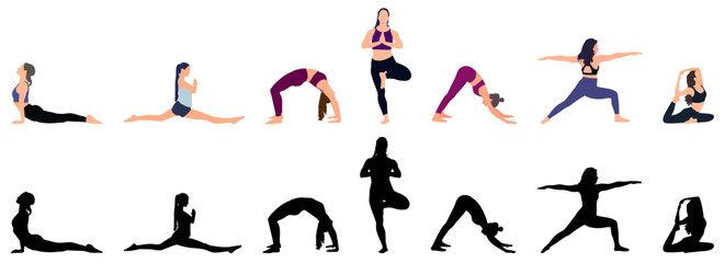 Young women doing yoga exercise with silhouette. Healthy and wellness lifestyle. Flat vector illustration