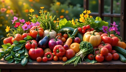 hyperrealistic vegetable still life, overflowing abundance, vibrant garden, golden hour light, dew drops, rustic wooden table, painterly texture, rich colors, high resolution, detailed, soft shadows