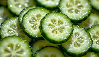 cucumber slices, vibrant green, macro, crystalline shards, shimmering, bright midday sun, crystal blue accents, healthy, organic, raw food, garden harvest, crisp texture, festive, culinary still life.