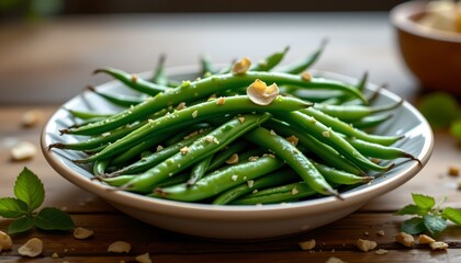 emerald green beans, hyperrealistic, forced perspective, radiant light, silver glimmer, high resolution, vibrant morning, culinary still life, bokeh, healthy, energetic tones, detailed texture.