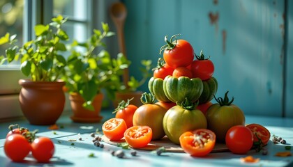 🍅✨ azure surface, heirloom tomatoes, stacked, low angle, radiant light, window light, epic, third person view, vivid colors, organic texture, hyperrealistic, food , high detail