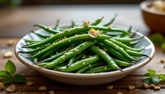 emerald green beans, hyperrealistic, forced perspective, radiant light, silver glimmer, high resolution, vibrant morning, culinary still life, bokeh, healthy, energetic tones, detailed texture.