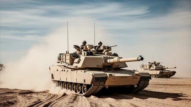 US Army M1A2 Abrams Tank Maneuvers in Desert Terrain
