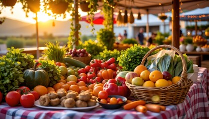 flat lay, farmers market, vibrant vegetables, woven basket, golden hour, bright lighting, festive, healthy meal, vivid colors, distant horizon, food , photo aesthetic.