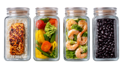 4 glass containers with different food items rice and chicken fillet, vegetables and shrimp, black beans. Flat lay, top view