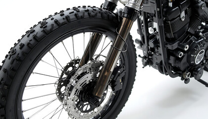 Fototapeta premium A close-up of a black motorcycle wheel and front suspension showing detailed tread and spokes, 4K and HD images 