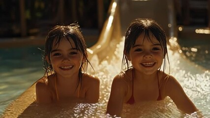Smiling young caucasian twin girls enjoying water slide fun in sunlit pool - Powered by Adobe