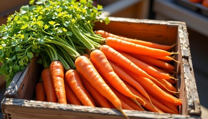 carrots, rustic brown crate, sunlit, birds eye, sketch aesthetic, vibrant colors, cheerful, clear daylight, organic texture, healthy food, playful, illustration.