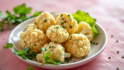 cauliflower florets, pastel world, luminous green accents, polished gleam, forced perspective, cheerful, bright, high key lighting, food , crisp detail.