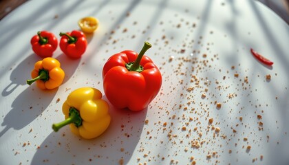 colorful peppers, vibrant, radiant, light surface, eye level, fish eye lens, warm light, noon sunlight, culinary, freshness, saturated colors, high detail, bright, cheerful.
