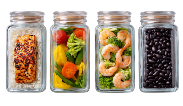 4 glass containers with different food items rice and chicken fillet, vegetables and shrimp, black beans. Flat lay, top view - Powered by Adobe
