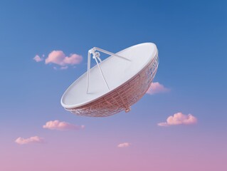 Abstract spherical satellite dish suspended against pastel sky capturing the essence of connectivity and technological advancement symbolizing communication and innovation