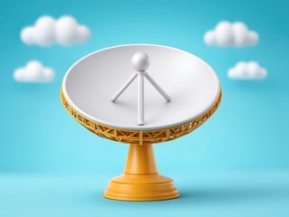 Innovative satellite dish concept symbolizing advanced communication technology against a playful blue background with fluffy clouds enhancing the modern aesthetic of connectivity